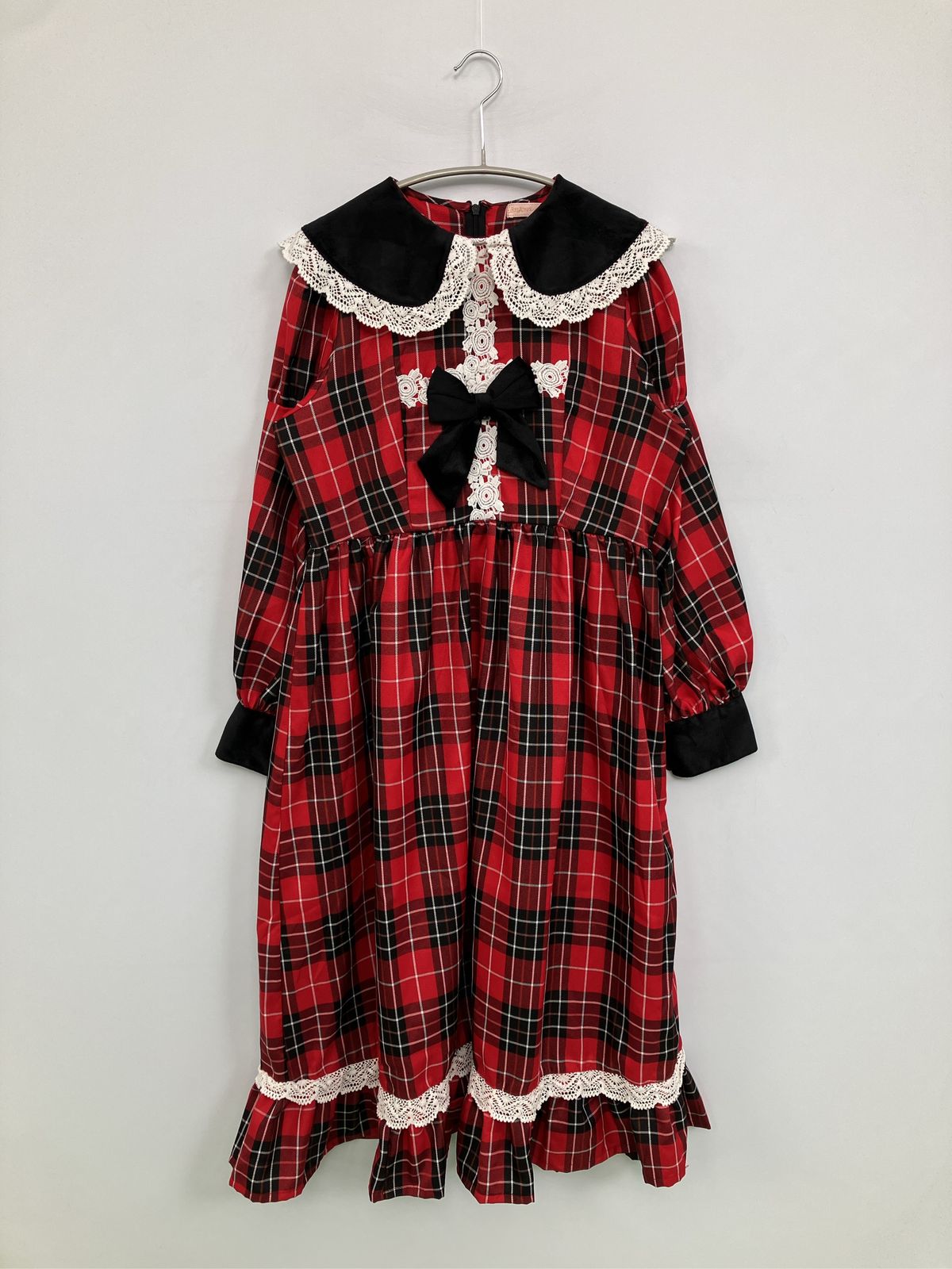 SRI AINO'S collaharation ワンピース L レッド チェック柄 レース フリル リボン 長袖 ロング・マキシ丈 フレア レディース