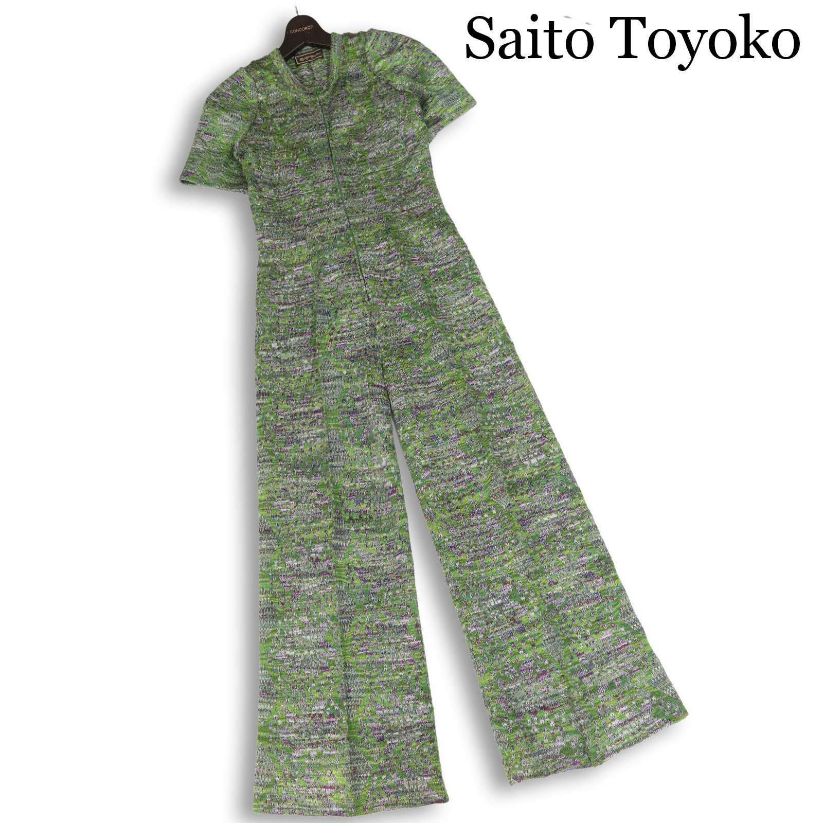 Saito Toyoko 斉藤都世子 サイトウトヨコ 総柄♪ 半袖 フレア ニット オールインワン ジャンプスーツ Sz.F　レディース