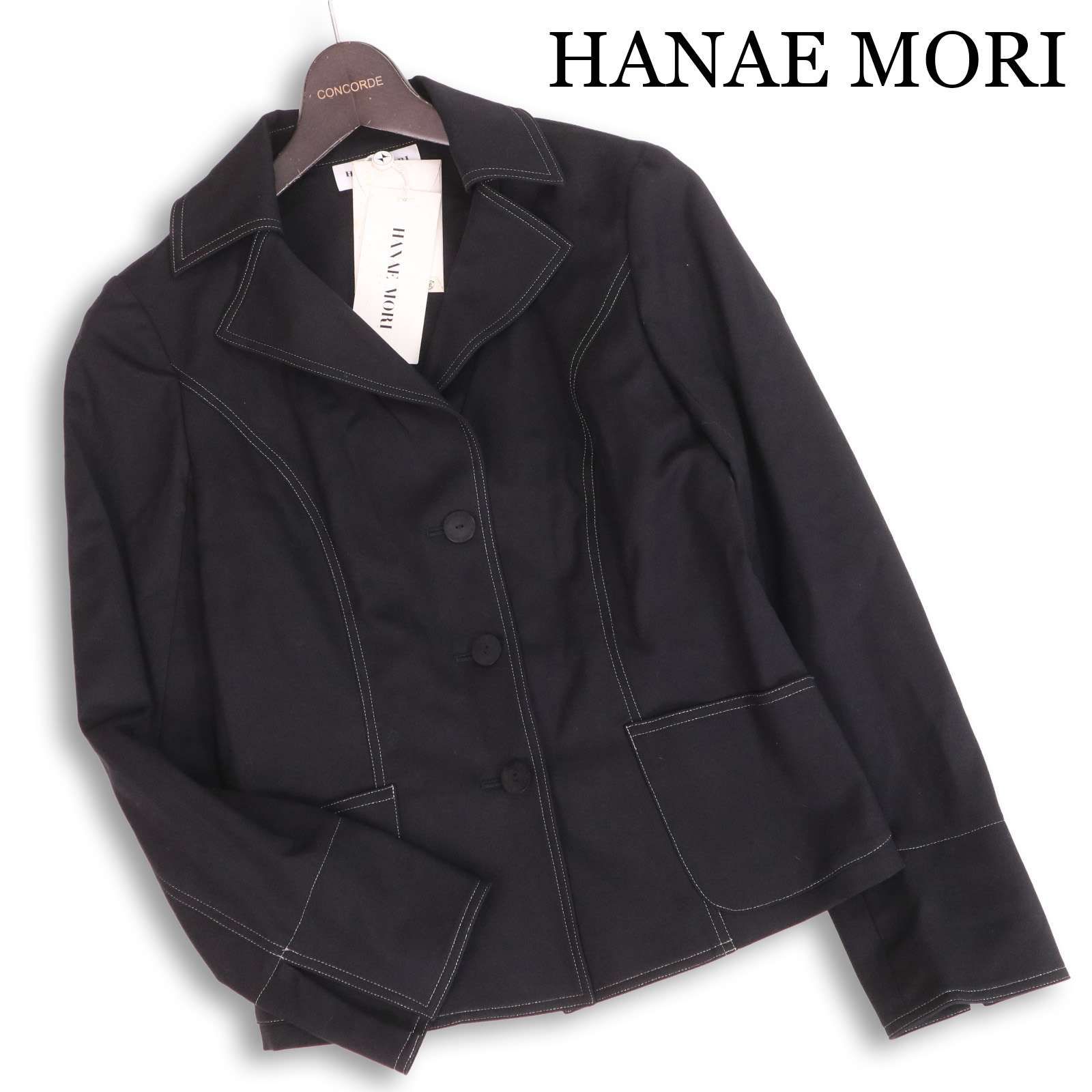 【新品 未使用】 HANAE MORI ハナエモリ 通年★ ストレッチ ステッチ ジャケット 日本製 Sz.38 レディース 黒
