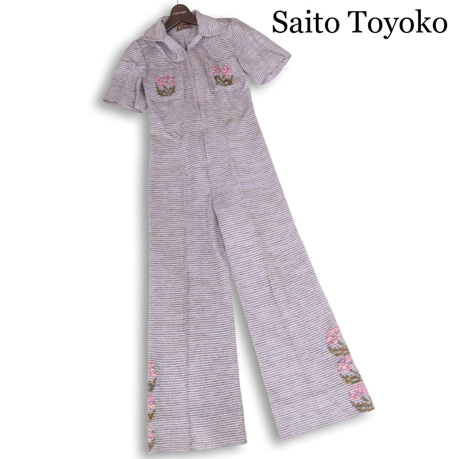 Saito Toyoko 斉藤都世子 サイトウトヨコ 春夏 花柄♪ 半袖 ボーダー ニット オールインワン ツナギ Sz.F　レディース