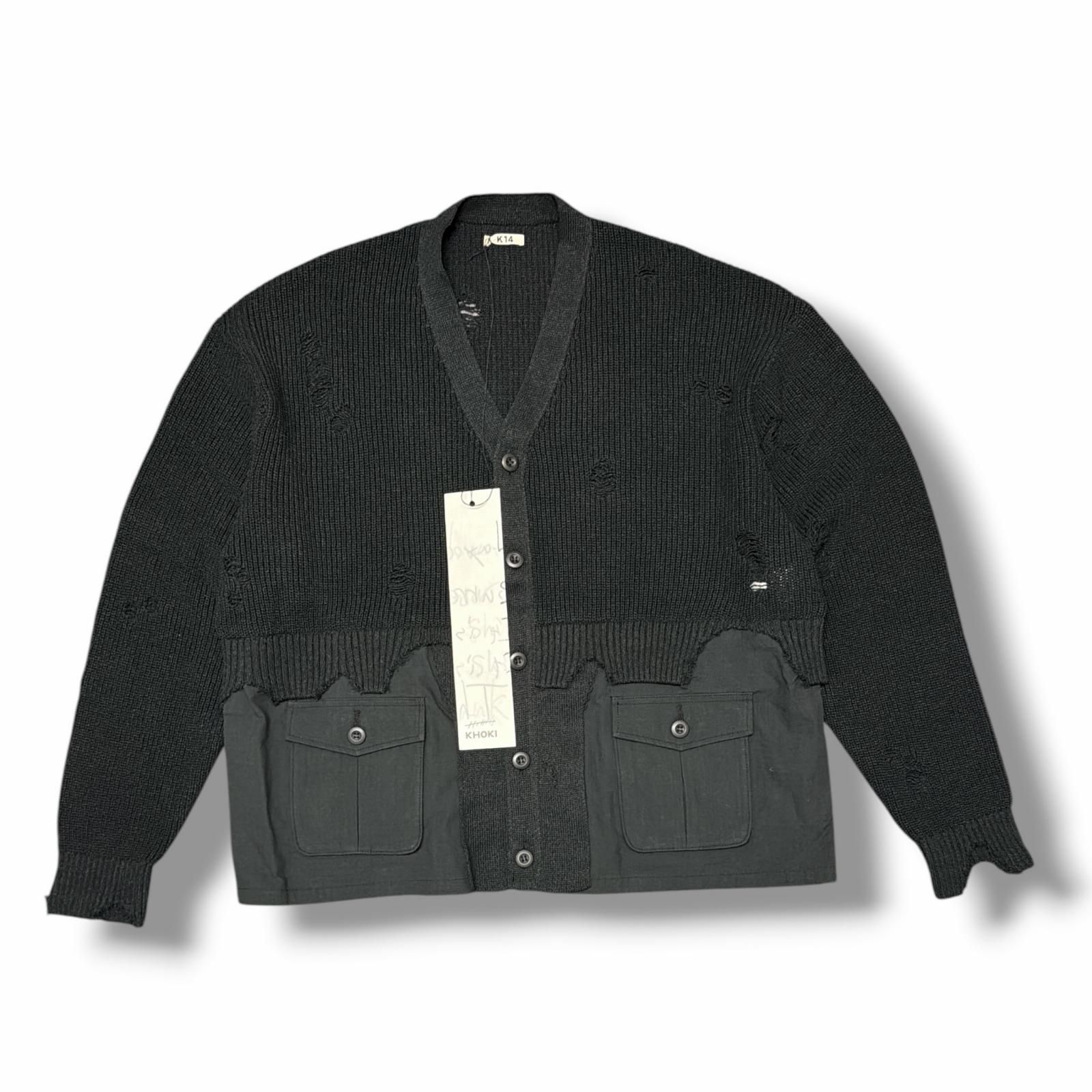 参考上代72600円 未使用 KHOKI 26SS Destroyed Knit Cardigan ニットカーディガン セーター コッキ 26ss-k-02 ブラック 1 （15454M） 参考上代72600円 未使用 KHOKI 26SS Destroyed Knit Cardigan ニット