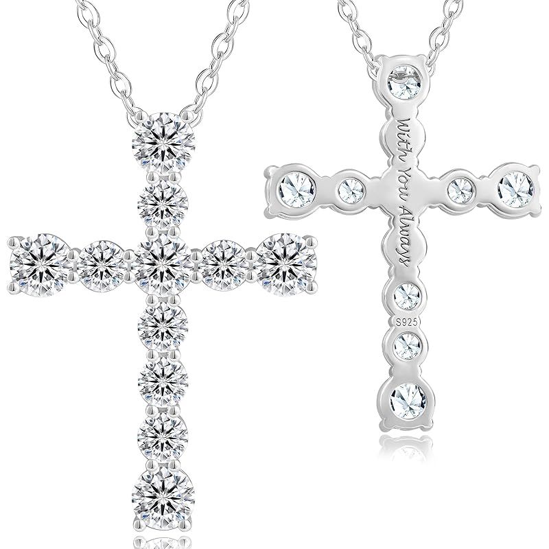 KRKC&CO 十字架 ネックレス モアサナイト レディース 誕生日プレゼント女性 クロス ペンダント シルバー925 金属アレルギー対応 刻印入り プレゼント 女性 人気 男女兼用 無段階調整 50cmチェーン ギフトボックス付 (24mm-小ぶり-1.4c