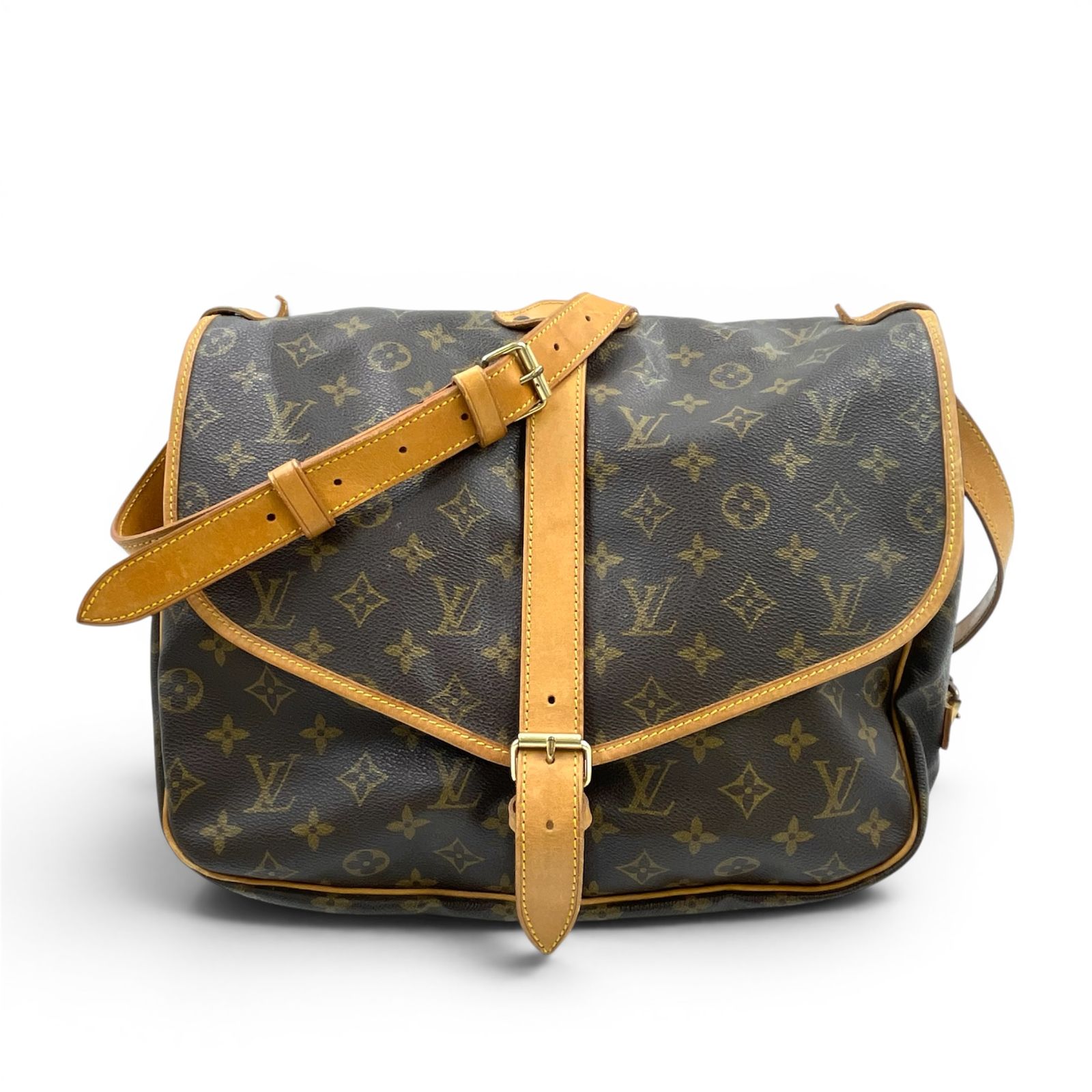 【新着】LOUIS VUITTON ソミュール35 モノグラム モノグラム レザー×PVC ブラウン ショルダーバッグ ゴールド M42254