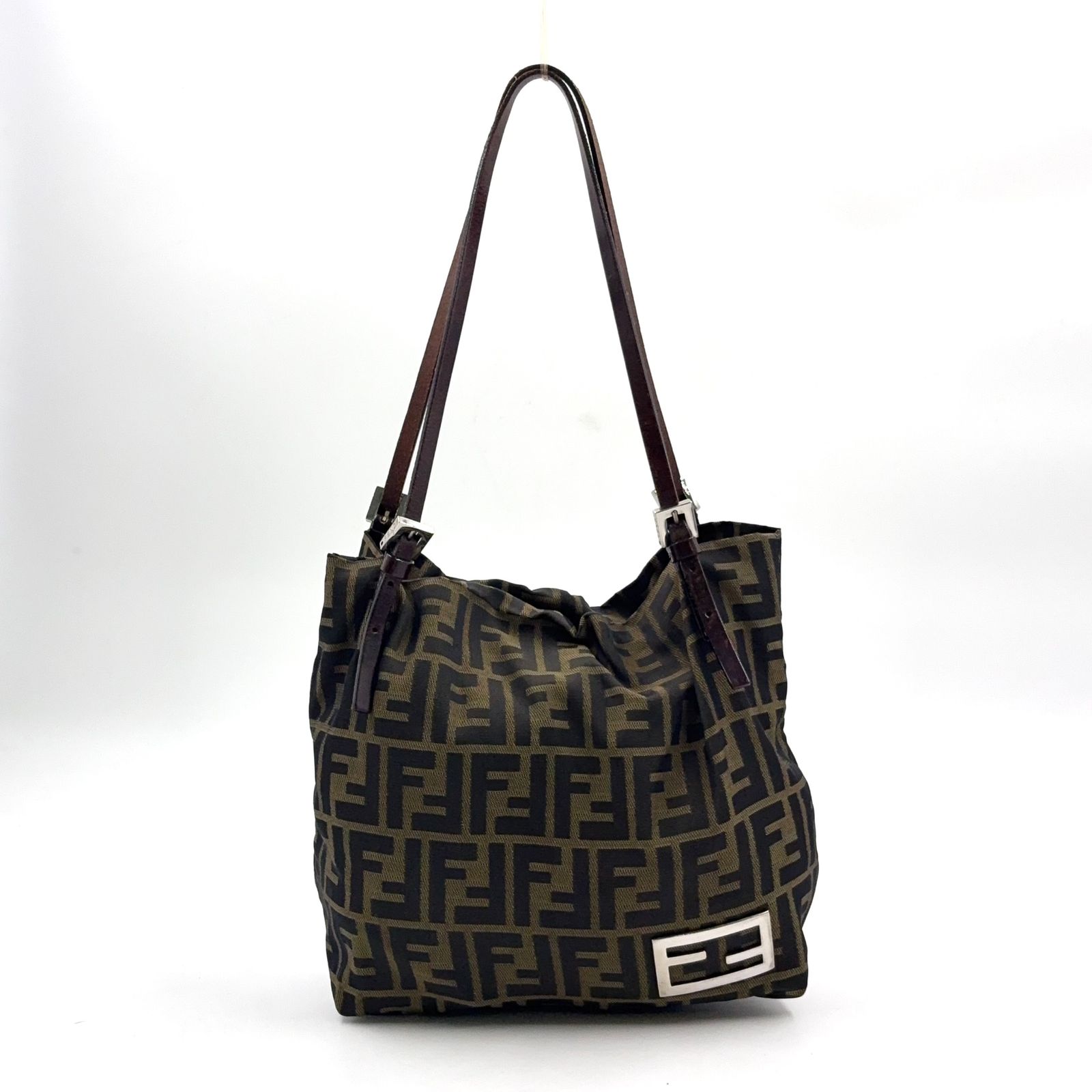 【新着】FENDI ズッカ柄 レザー×キャンバス ダークブラウン×ブラウン トートバッグ シルバー