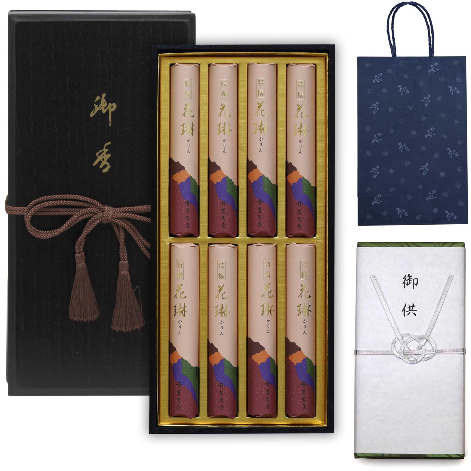 新品 お悔やみ 線香 ギフト 桐箱 【特撰花琳 白檀 外のし 手提げ袋付き 】 日本製 少煙 贈答用 お線香 法要 一周忌