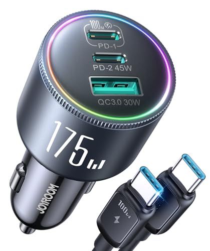JOYROOM シガーソケット USB-C カーチャージャー 175W 【100W USB Cケーブル付き・急速充電】3ポート【PD 100W/45W+QC3.0】独立3チップ設計 多重保護 車載充電器 ノートPC/パソコン/MacBook/ b03413aa