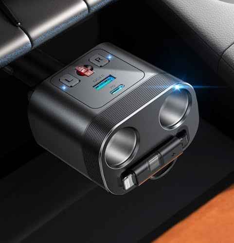 シガーソケット 増設 JOYROOM シガーソケット 2連【業界初！2in1巻き取り式充電ケーブル】5-in-1多機能車載充電器 増設分配器 カーチャージャー USB 急速充電 ヒューズ搭載 多重保護 2ソケット 独立スイッチ 12-24V車 4d1476df