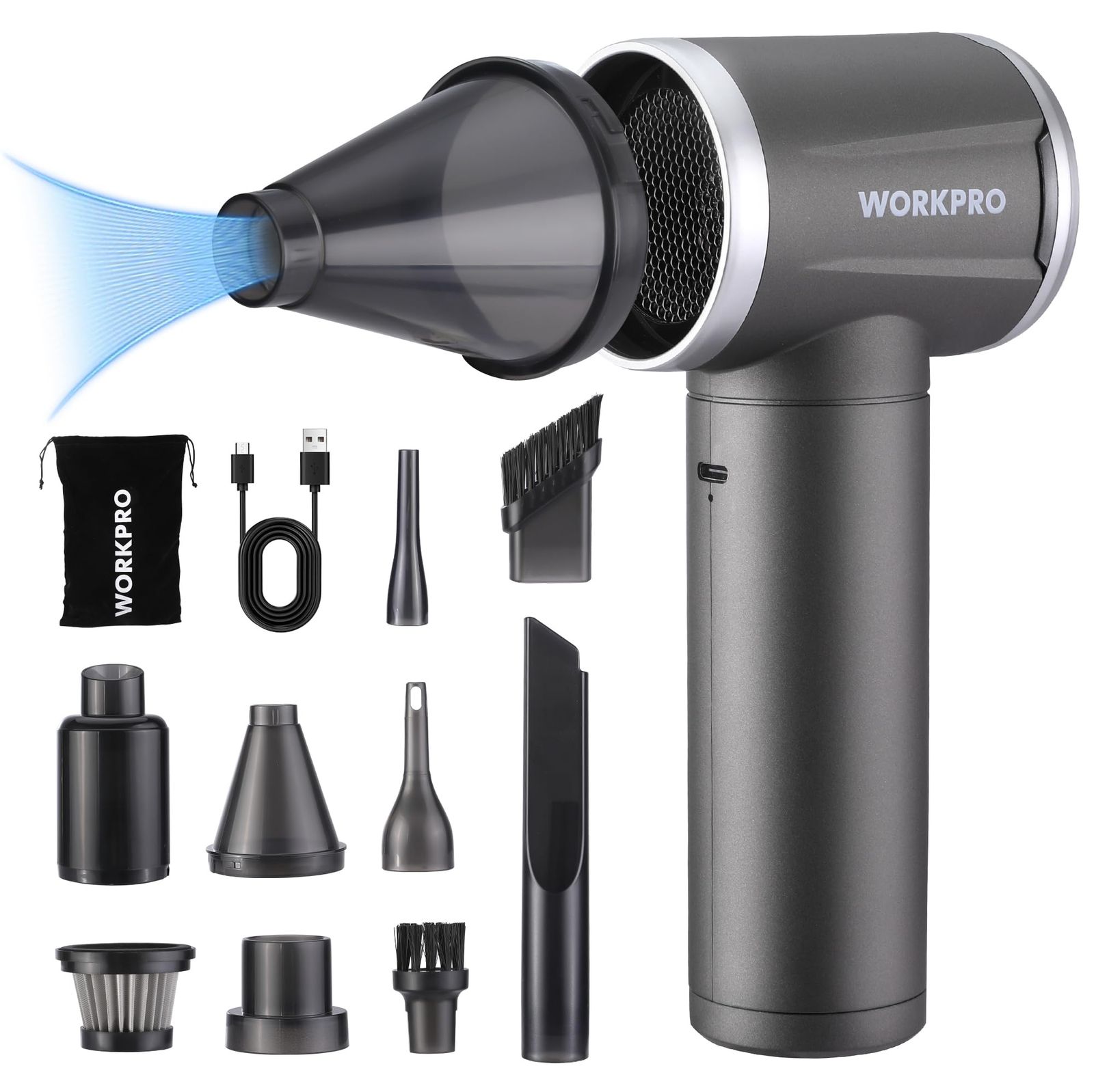 WORKPRO 電動エアダスター ブロワー 1 2in1 吹き飛ばし&吸い込む 小型 車載掃除機 ハンディクリーナー 4 段階風力調整 吸引力 6500PA Type-C 充電式 軽量 コードレス 風量表示ランプ付き 充電表示ランプ付き PC 5f0a3d64