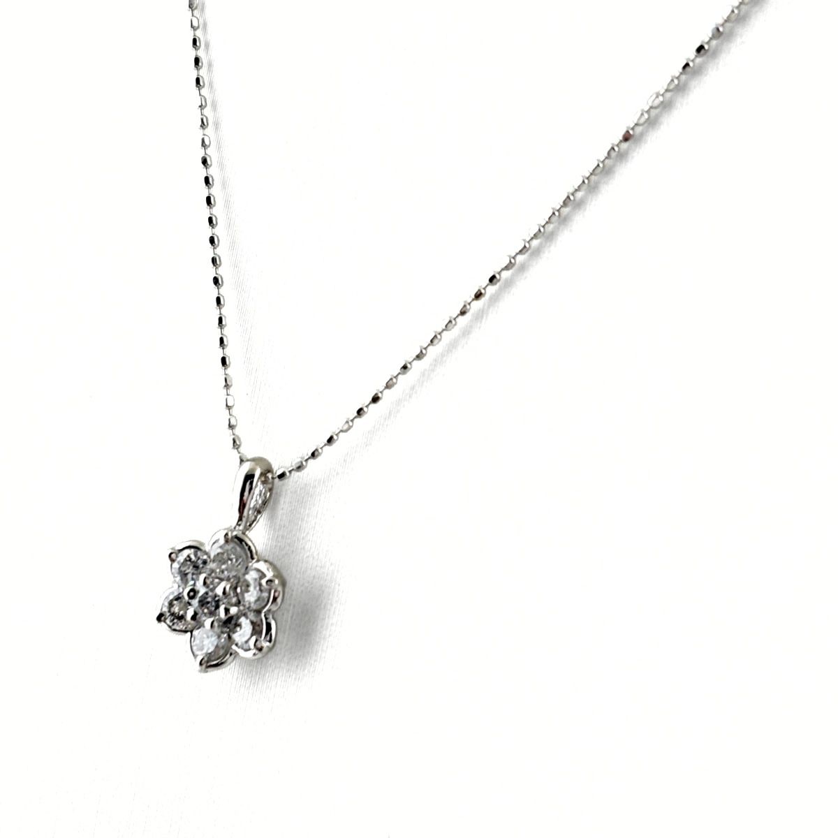 フラワーモチーフ デザインネックレス WG ホワイトゴールド プラチナ ペンダント メレダイヤ 花 ダイヤモンド ネックレス K18 WG Pt900 レディース 【中古】