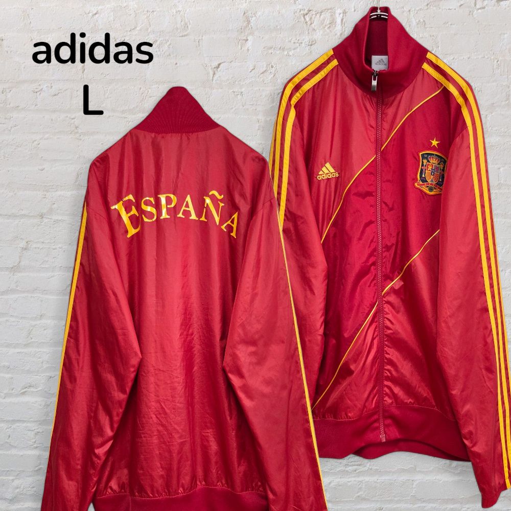 アディダス　adidas　トラックジャケット　アンセムジャケット　ウィンドブレーカー　メンズ　L　100　レッド　赤　サッカー　スペイン代表ジャケット　ESPANA　ナイロンジャケット　スリーストライプ　パフォーマンスロゴ　スポーツミックス　韓国　古着