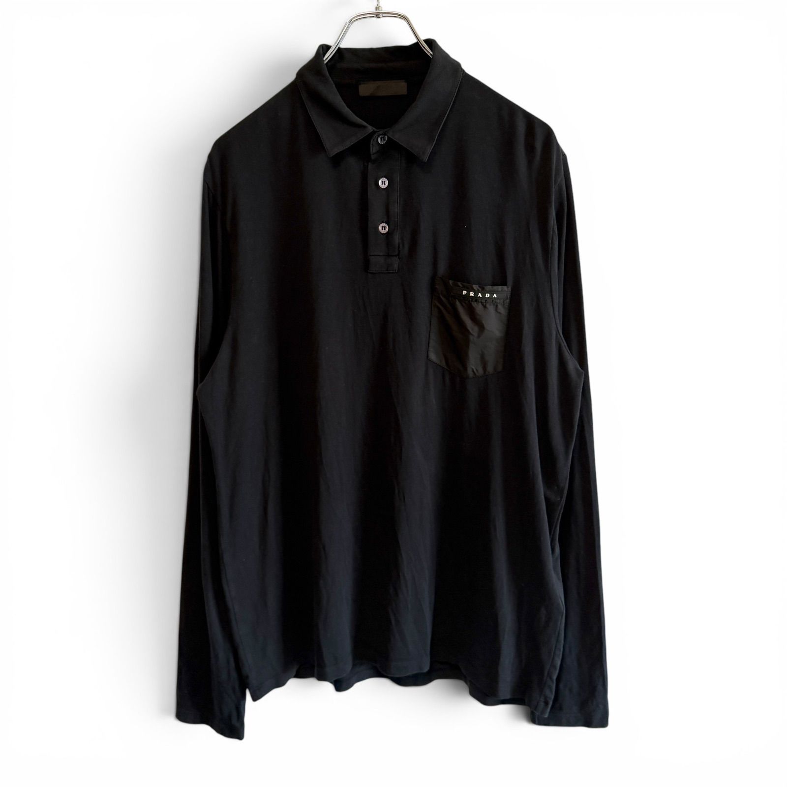 PRADA プラダ 長袖 ポロシャツ ラバーロゴ ナイロンポケット ブラック PRADA プラダ 長袖 ポロシャツ ナイロンポケット ラバーロゴ ブラック