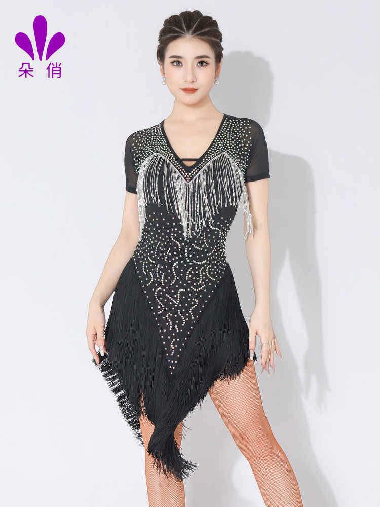 新品 未使用 レディース 社交ダンス衣装 ラテンダンス衣装 女子 社交ダンス コンペティション用 ドレス フリンジ付き 舞台 パフォーマンス 練習用 ドレス 舞踊服 ダンスウェア 長袖 半袖付き 演出用 ダンスレッスン 練習服 ストーン装飾
