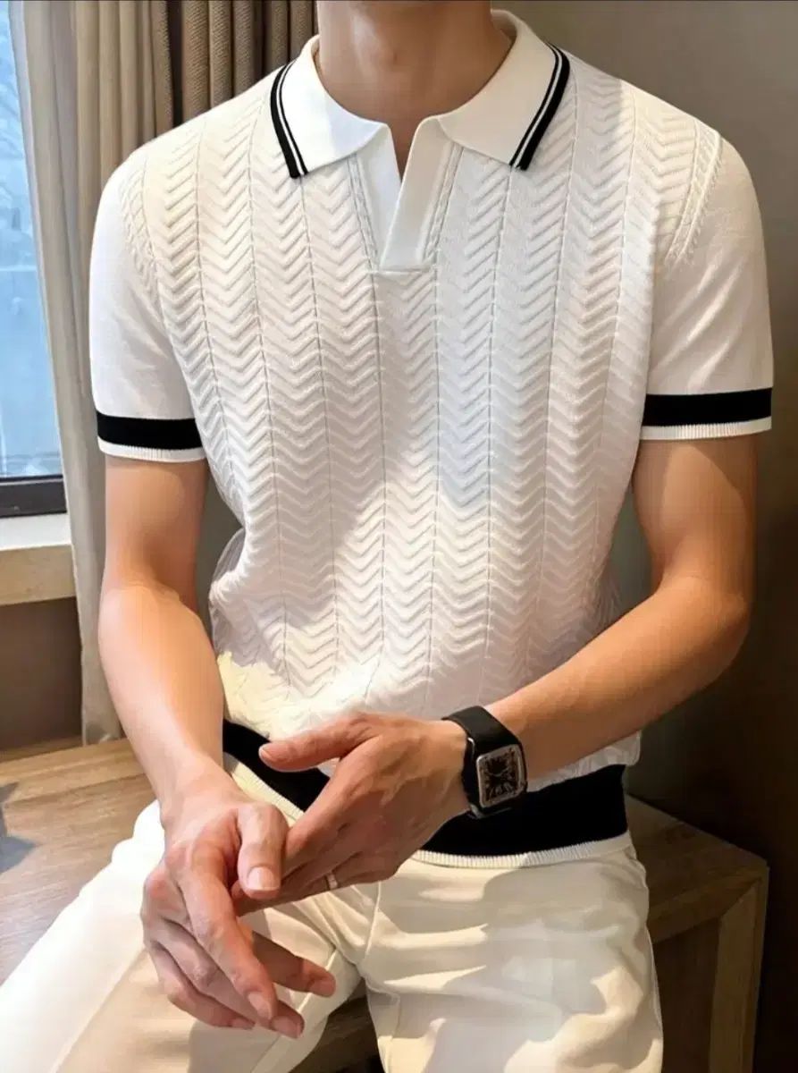 白 ニット 半袖 カラーTシャツ