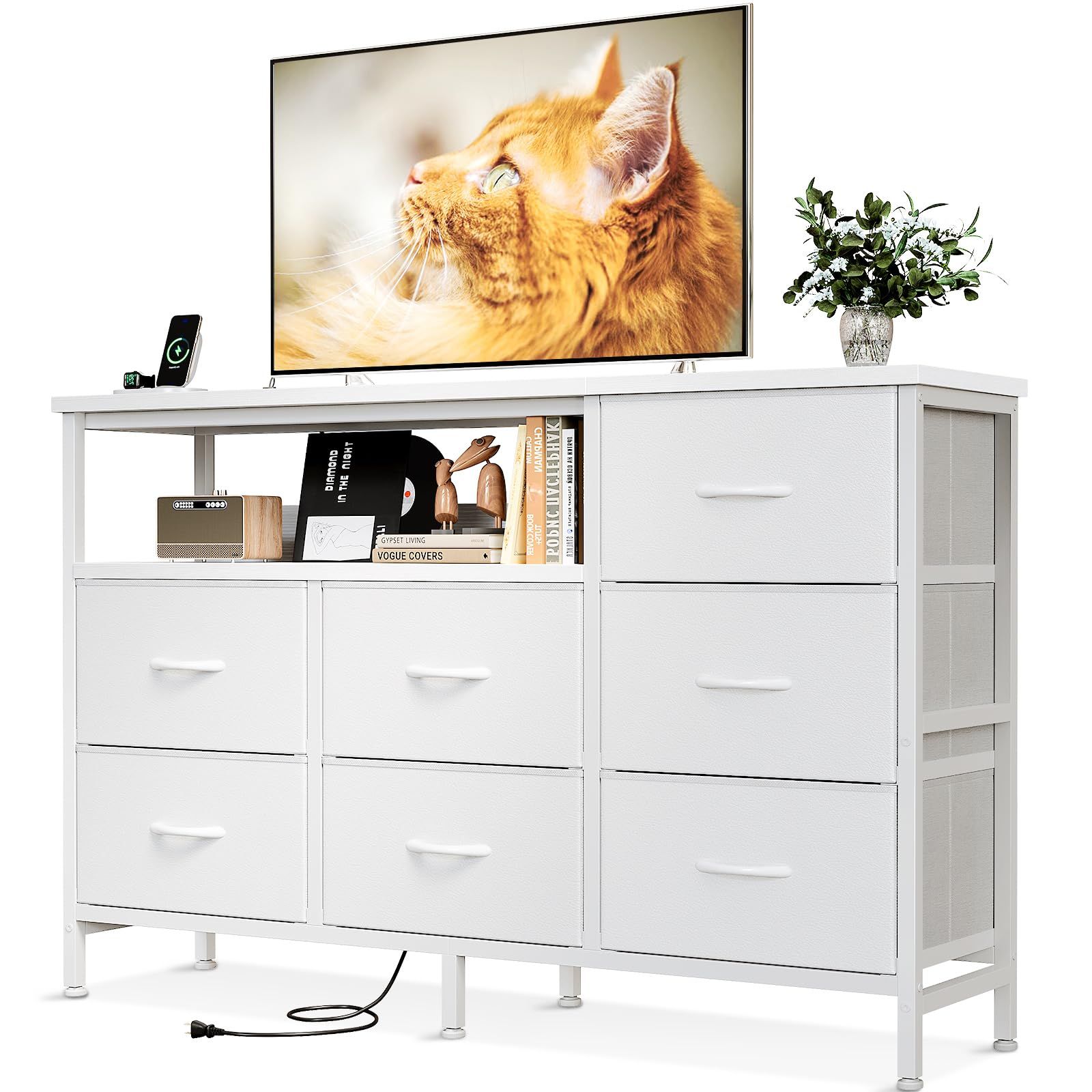 AODK タンス チェスト コンセント付き 幅132×奥行30×高さ90cm テレビ台 リビング 収納 大容量 洋服タンス 収納ケース 衣装ケース 布製引き出し 箪笥 おしゃれ 転倒防止 安定感 3段7杯 ホワイトｍａ 57c984f4