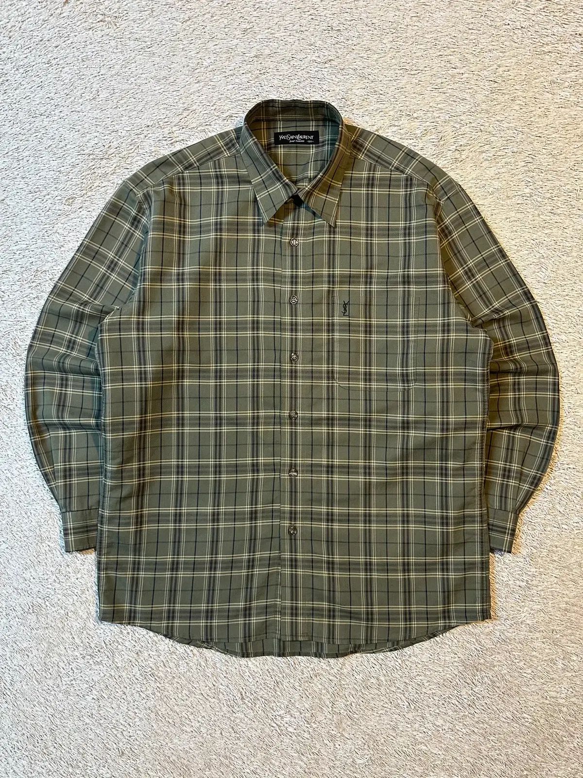 L 00's イヴ・サンローラン YVES SAINT LAURENT ワンポケット ロゴ シャツ チェック柄 オリーブ
