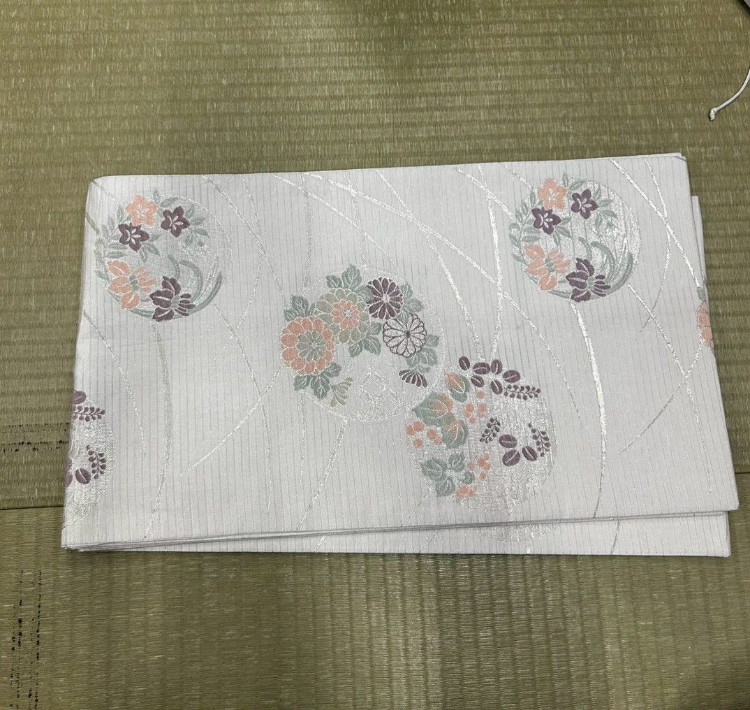 70 袋帯 夏帯 白地 銀糸 花丸文様 フォーマル帯 訪問着 付下げ 和装