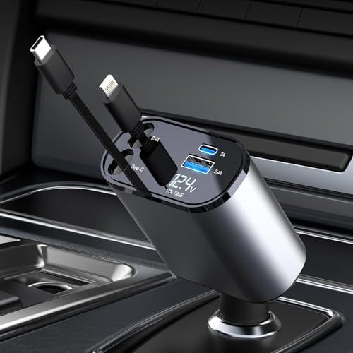 OBEST 革新版 巻き取り式 シガーソケット 車 充電器 カーチャージャー 100W/ 20W急速充 電 4台同時充 LED表示電圧 車載充電器 4ポート 巻き取り式ケーブル2本付き(80cm）シガーソケット usb 延長 12V/24V対 d55fe08b