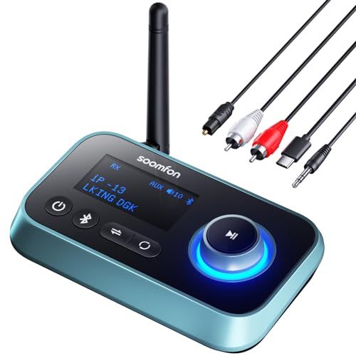 Bluetooth トランスミッタ レシーバー SOOMFON 3-in-1 ブルートゥース 5.3 オーディオ アダプター Aux 3.5mm RCA 光 デジタル接続 Bluetooth 送信機 受信機 BYPASS 一台三役 画面表示 be575135
