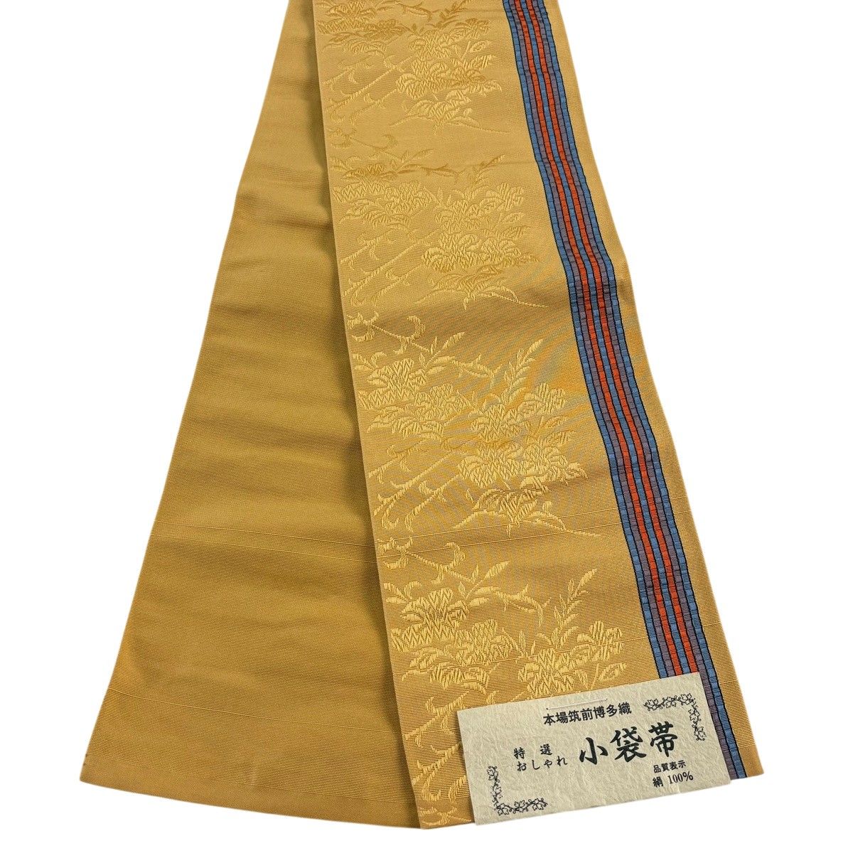 【美品】半幅帯 秀品 博多織 証紙有 草花 縞 山吹茶色 正絹 【中古】 12,008円