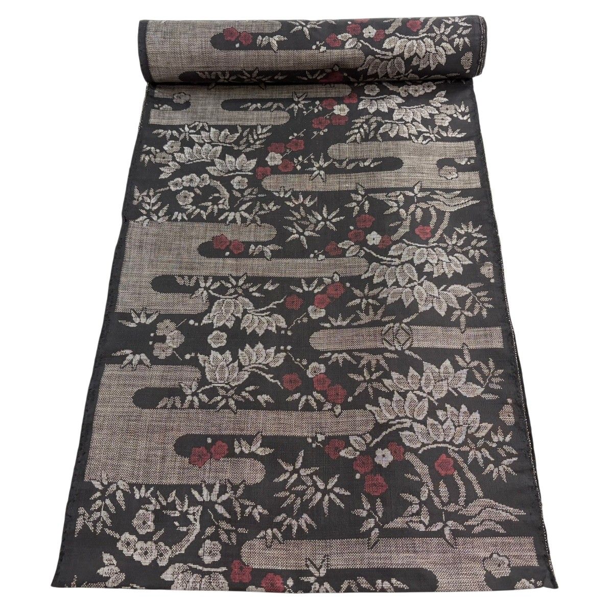 反物 秀品 紬 ヱ霞 草花 焦茶色 正絹 【中古】