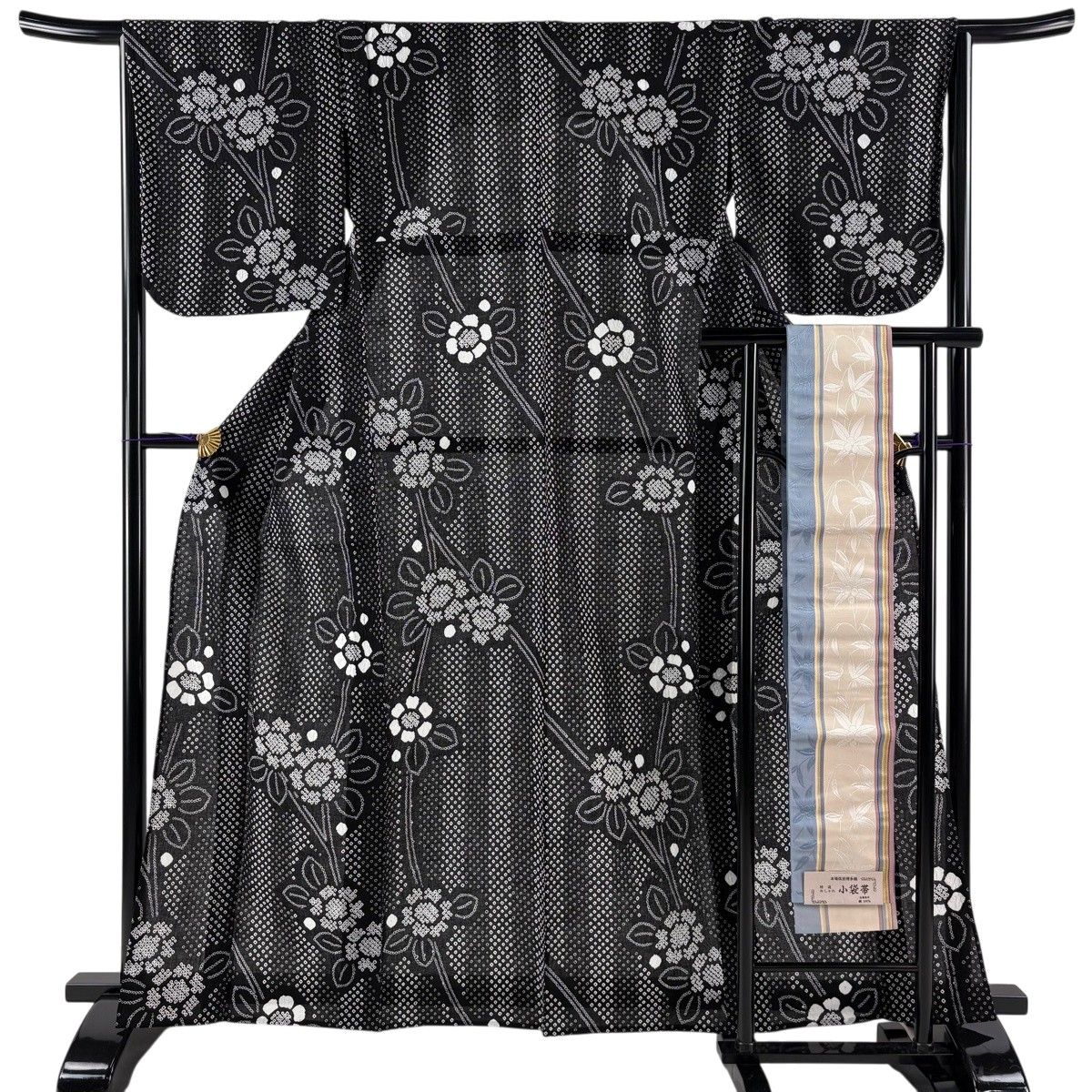 【美品】 浴衣 身丈163.5cm 裄丈65cm M 絞り浴衣 半幅帯セット 草花 縦縞 黒 綿 名品 【中古】