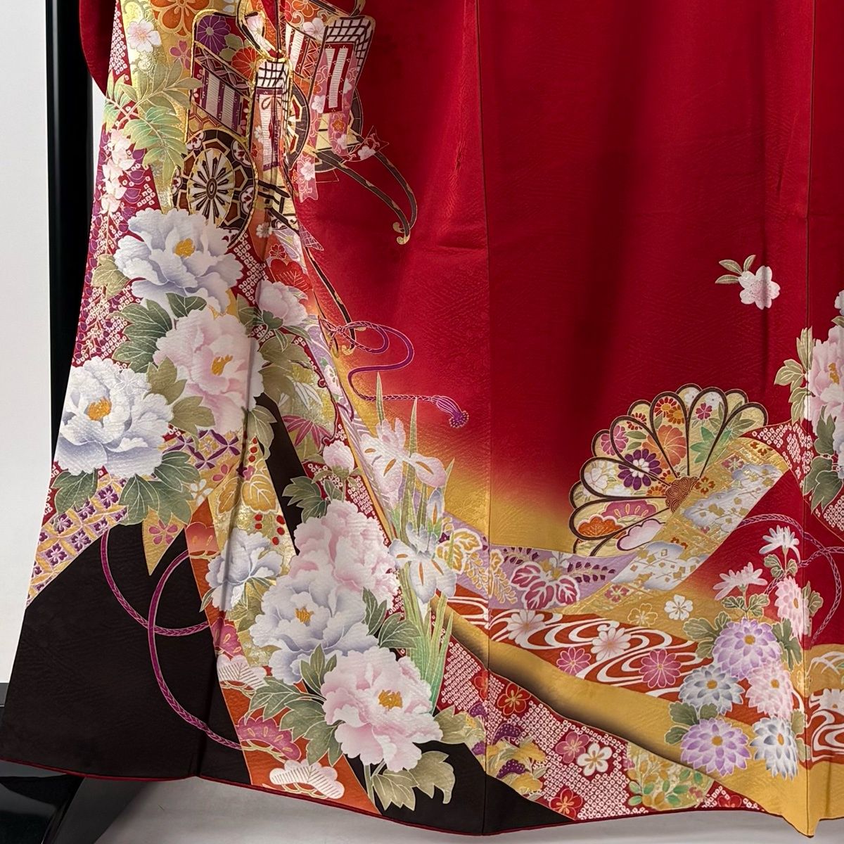 振袖 身丈164.5cm 裄丈67cm M 袷 袋帯フルセット 御所車 草花 金糸 振袖 身丈164.5cm 裄丈67cm M 袷 袋帯フルセット 御所車 草花 金糸