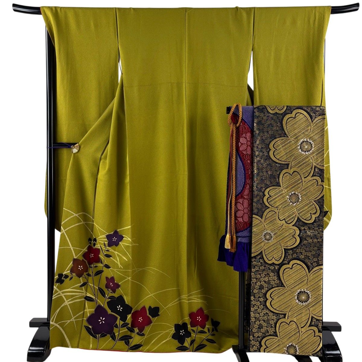 振袖 身丈169cm 裄丈68cm L 袷 袋帯フルセット 桔梗 芝 金彩 鶯色 正絹 秀品 【中古】