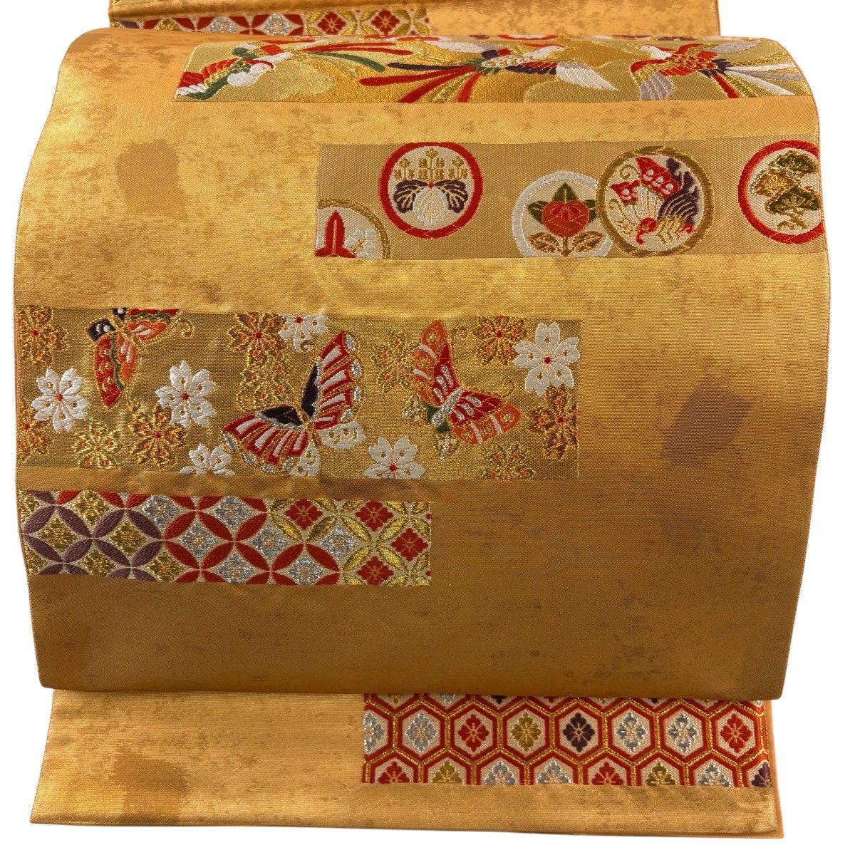 【美品】 袋帯 名品 落款 証紙 本家加納 鳥 草花 金銀糸 箔 金色 六通 正絹 【中古】