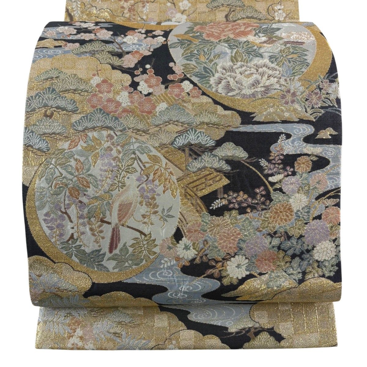 【美品】 袋帯 名品 花鳥 日本の宮廷 箔 金糸 墨色 六通 正絹 【中古】