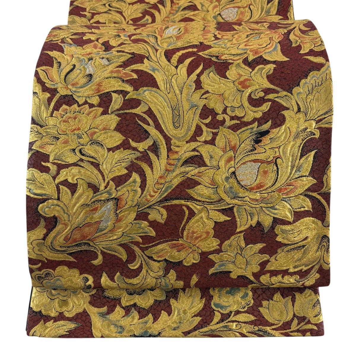 【美品】 袋帯 名品 草花 鳥 金銀糸 箔 赤茶 六通 正絹 【中古】