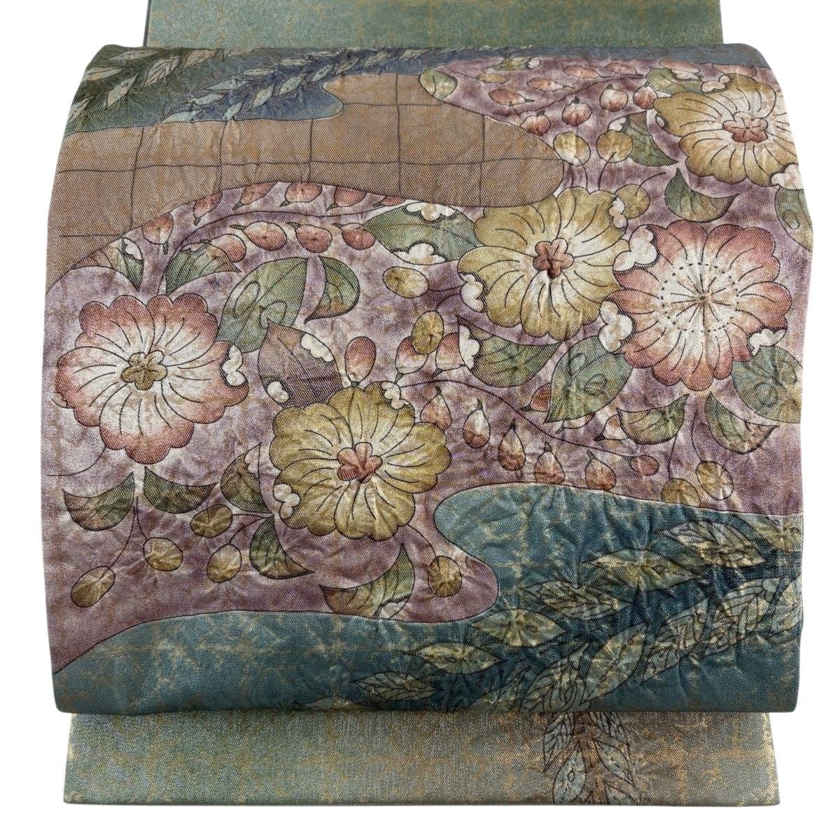 【美品】 袋帯 名品 辻が花 霞 箔 緑 お太鼓柄 正絹 【中古】
