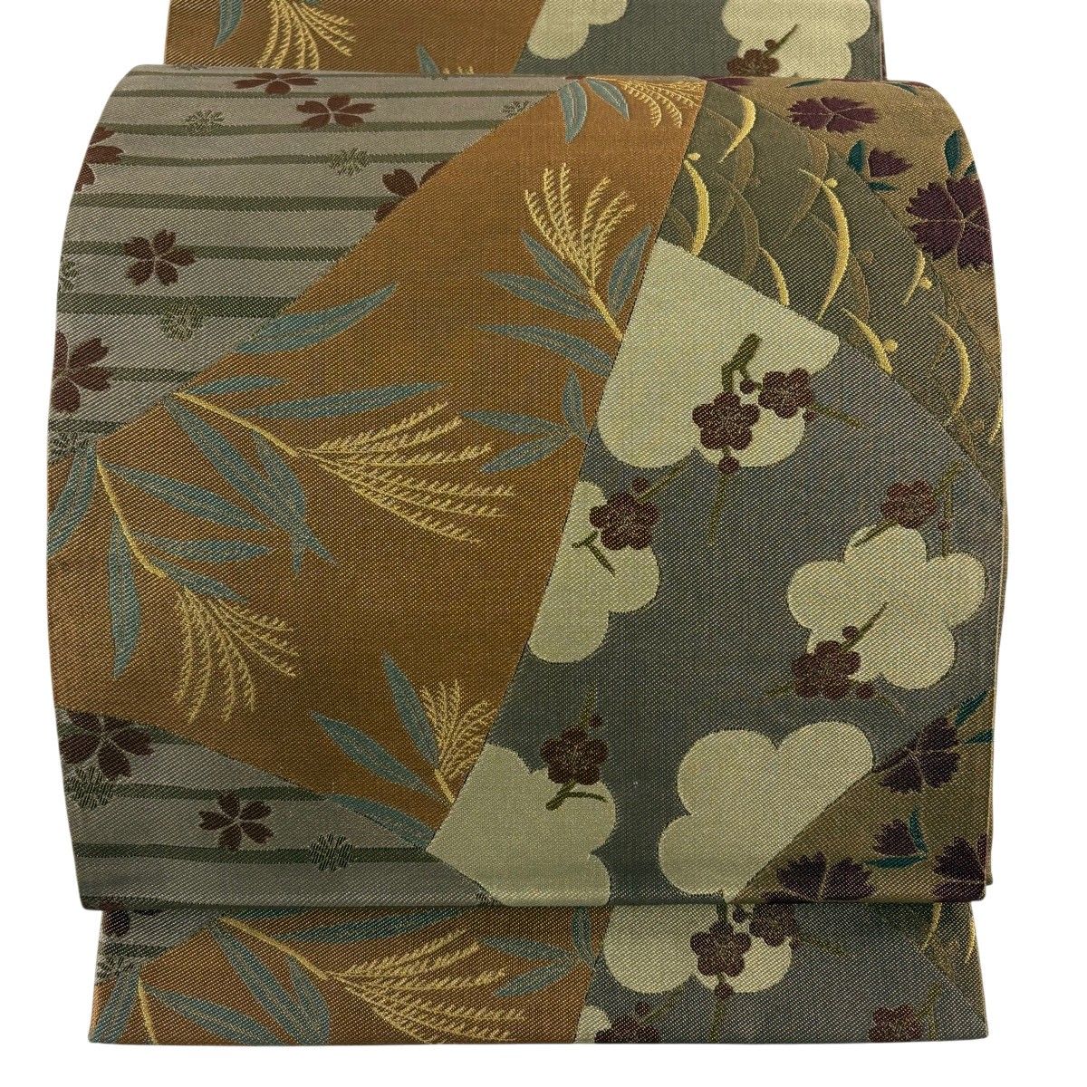 袋帯 名品 桜 枝梅 金糸 焦茶色 全通 正絹 【中古】