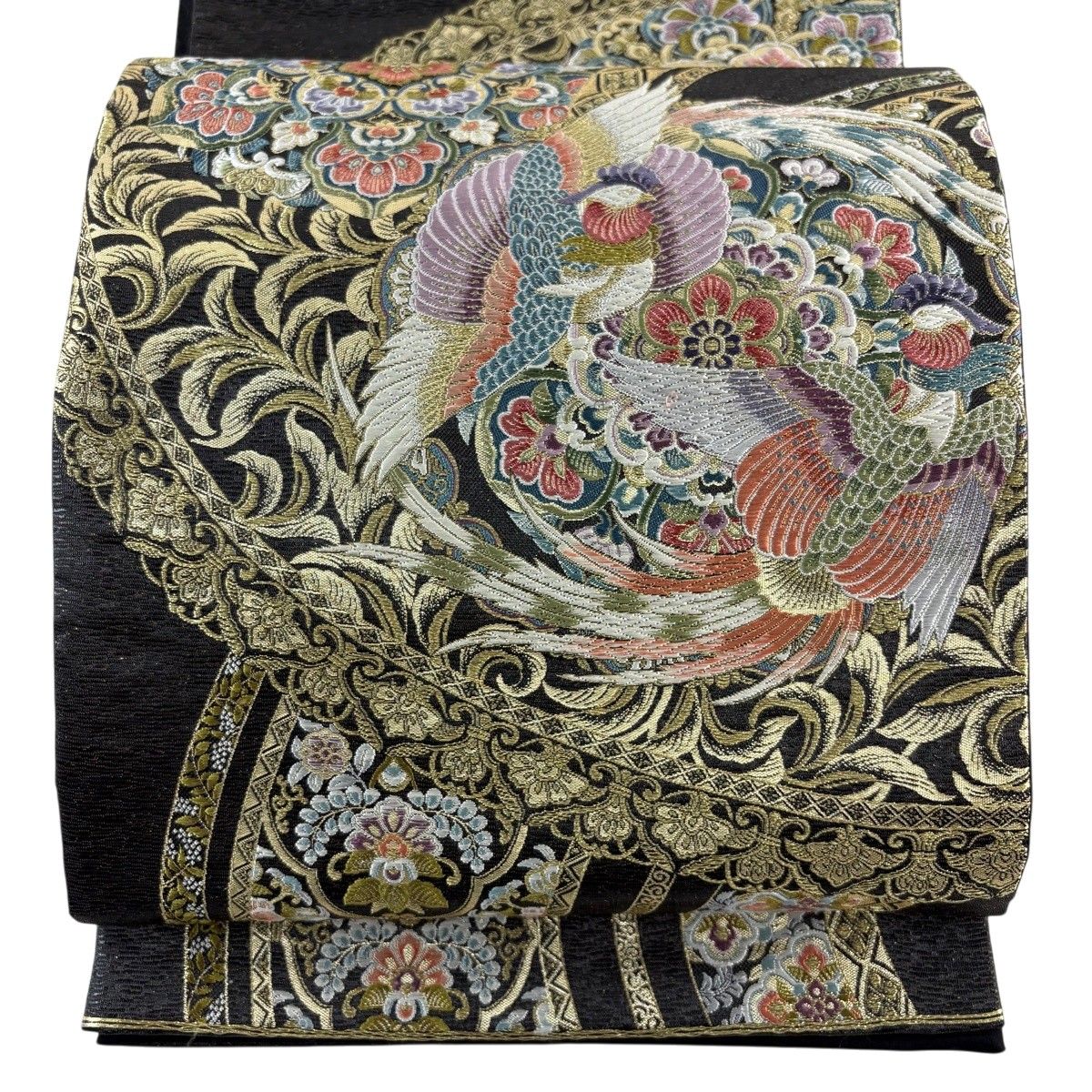 袋帯 お太鼓柄 正絹 名品 中古 美品 華文 金糸 箔 落款 赤紫 蘇州刺繍