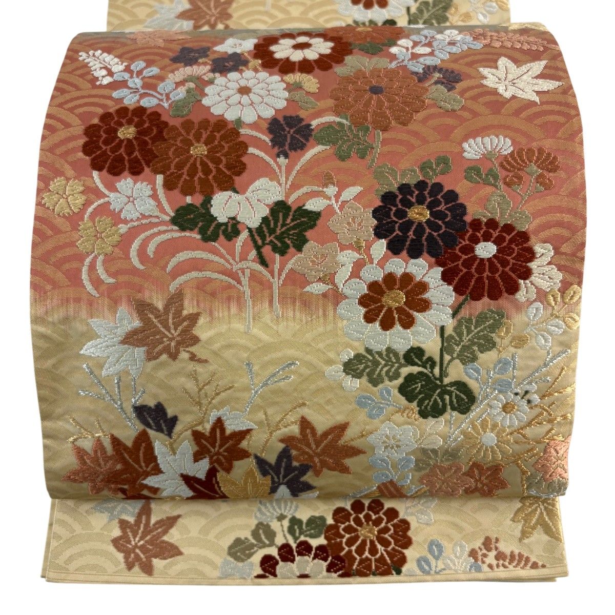 【美品】 袋帯 名品 関西仕立て 秋草 青海波 刺繍 金銀糸 朱色 六通 正絹 【中古】