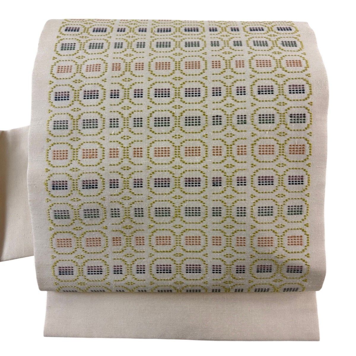 【美品】 名古屋帯 名品 幾何学模様 クリーム 正絹 【中古】