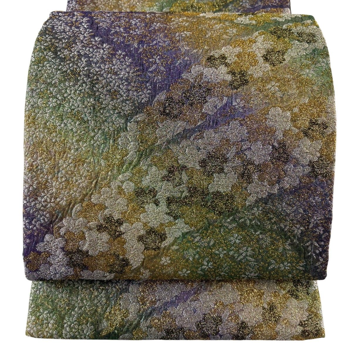 【美品】 袋帯 名品 桜 草花 金銀糸 箔 灰緑 全通 正絹 【中古】