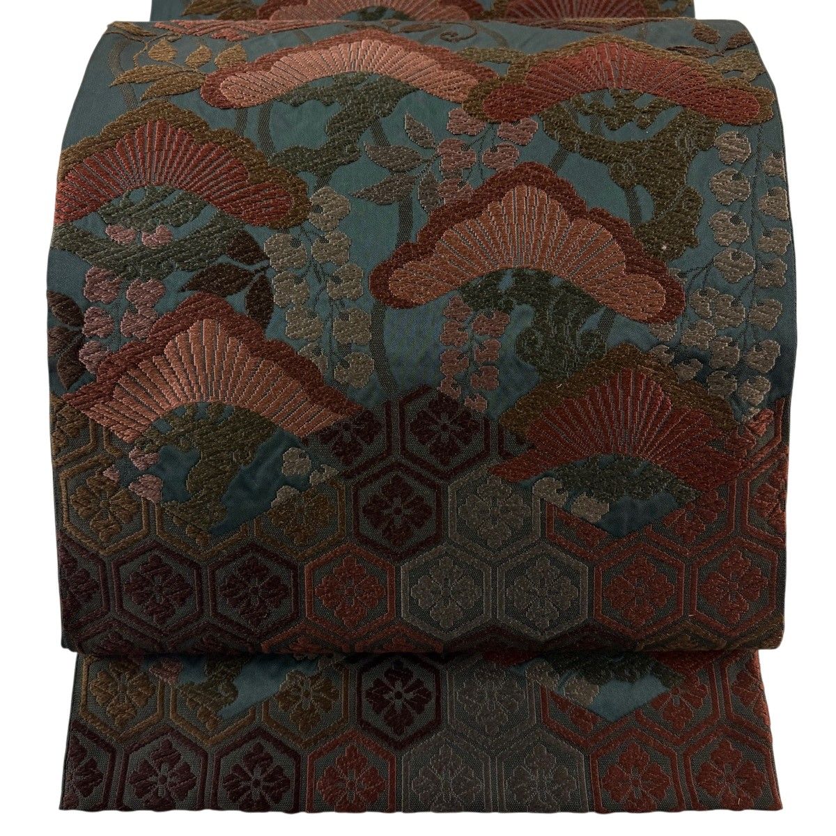 【美品】 袋帯 名品 落款 松 亀甲 深緑 六通 正絹 【中古】