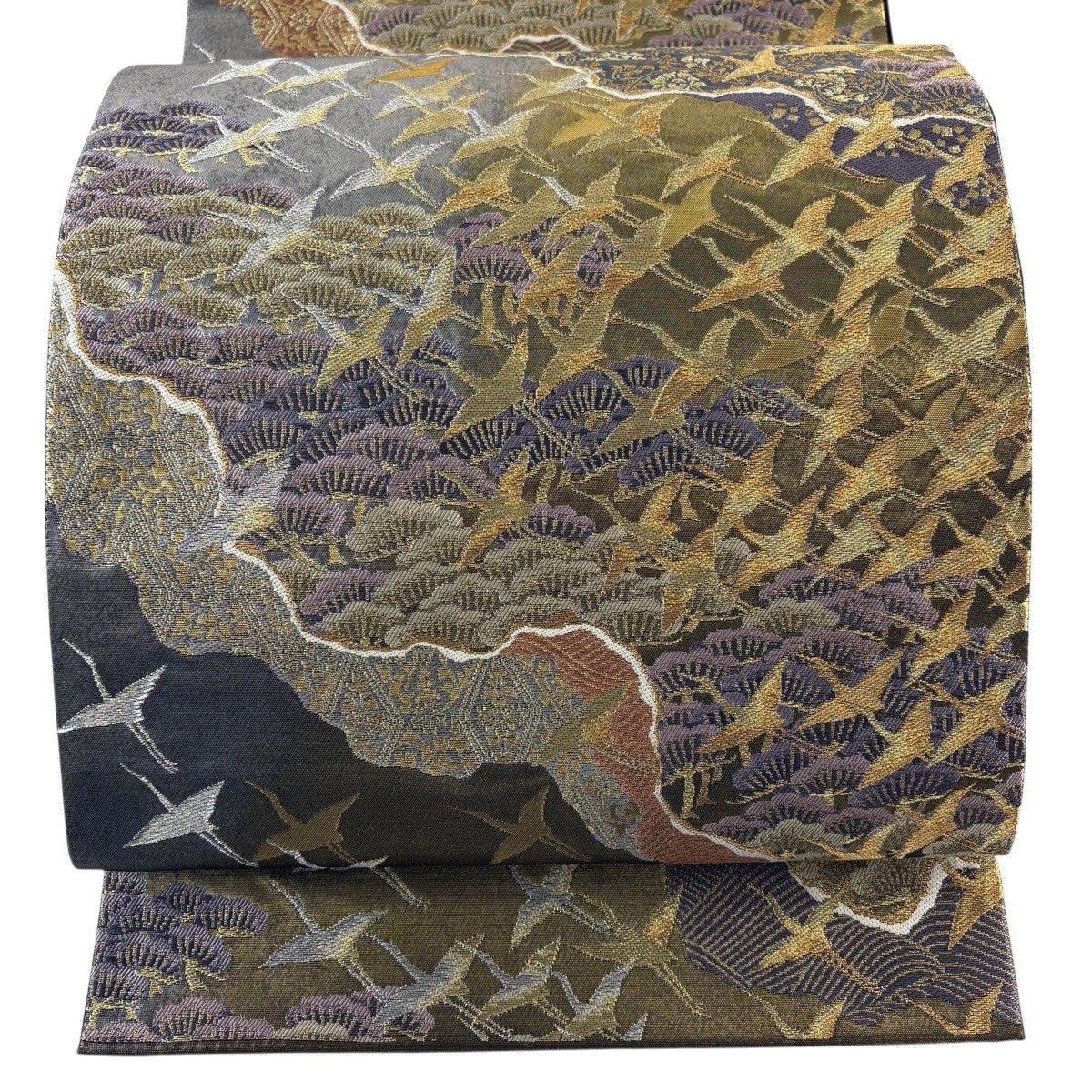 【美品】 袋帯 名品 じゅらく 落款 松 鶴 金銀糸 箔 銀色 六通 正絹 【中古】