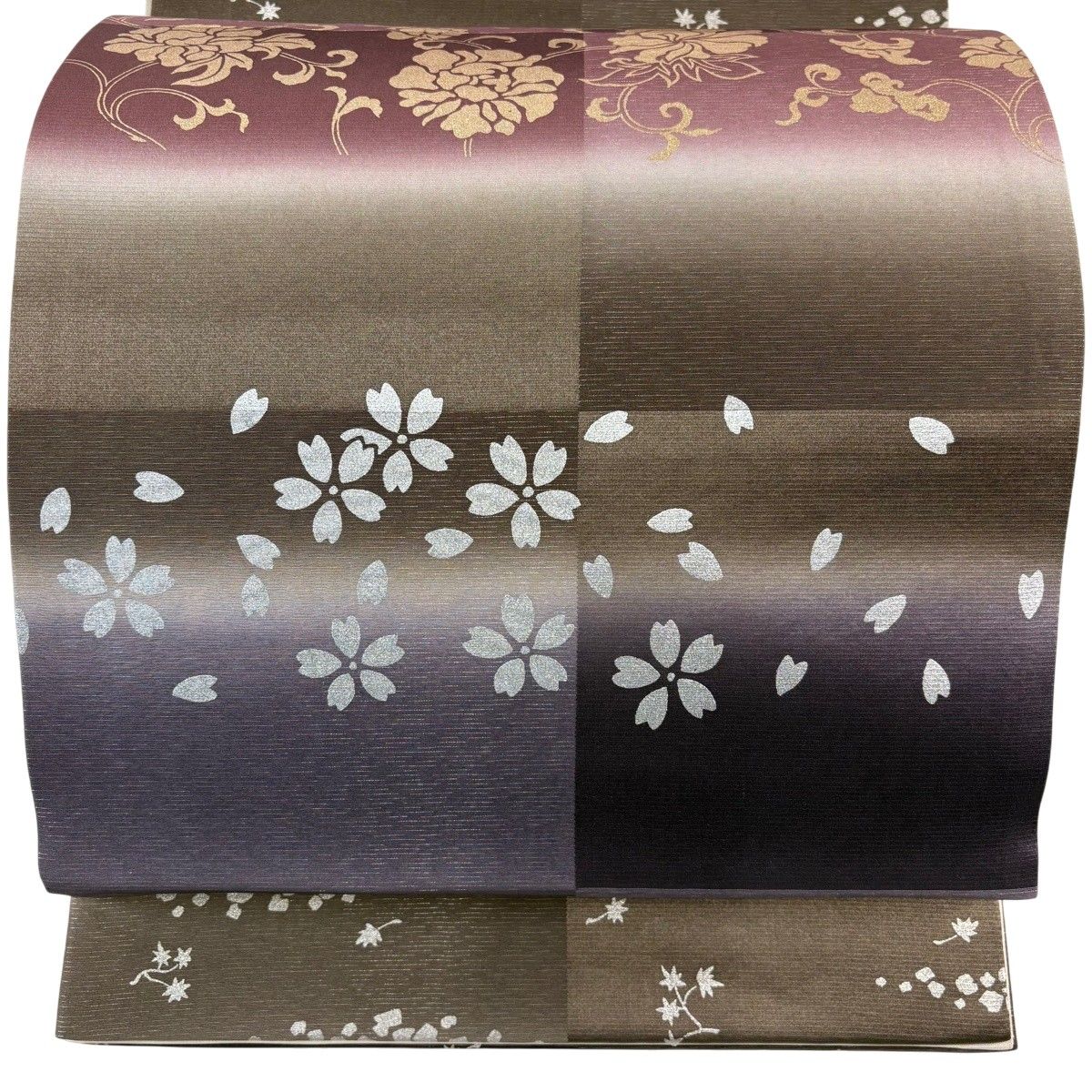 袋帯 名品 落款 一期一会 花唐草 桜 金銀彩 銀糸 赤紫 六通 正絹 【中古】