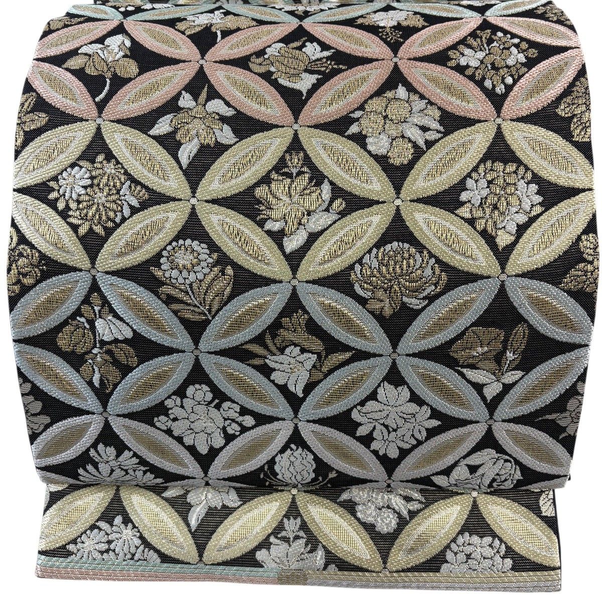 【美品】 袋帯 名品 金華山唐織 七宝繋ぎ 草花 金銀糸 箔 墨色 六通 正絹 【中古】