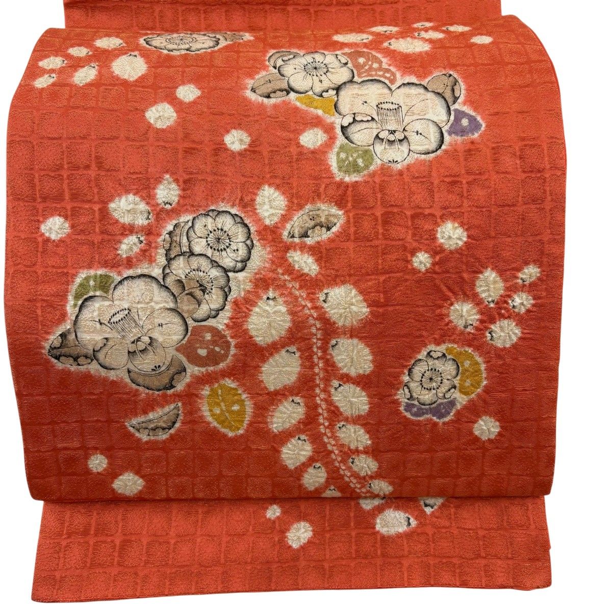 袋帯 名品 辻が花 幾何学模様 金通し サーモンピンク お太鼓柄 正絹 【中古】
