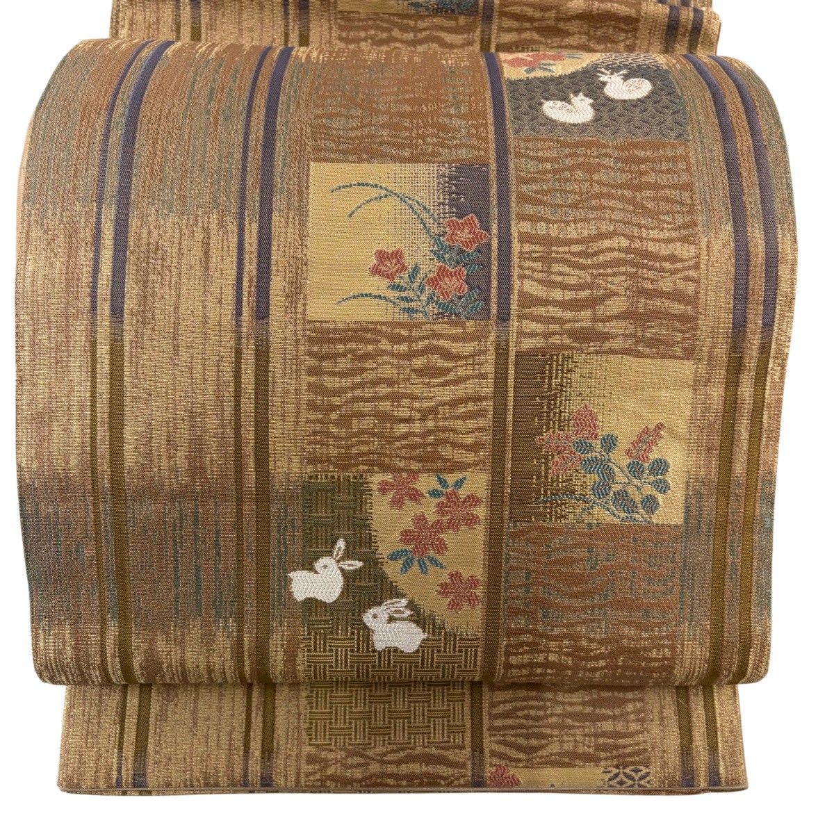 【美品】 袋帯 名品 落款 やまと 動物 草花 茶色 六通 正絹 【中古】