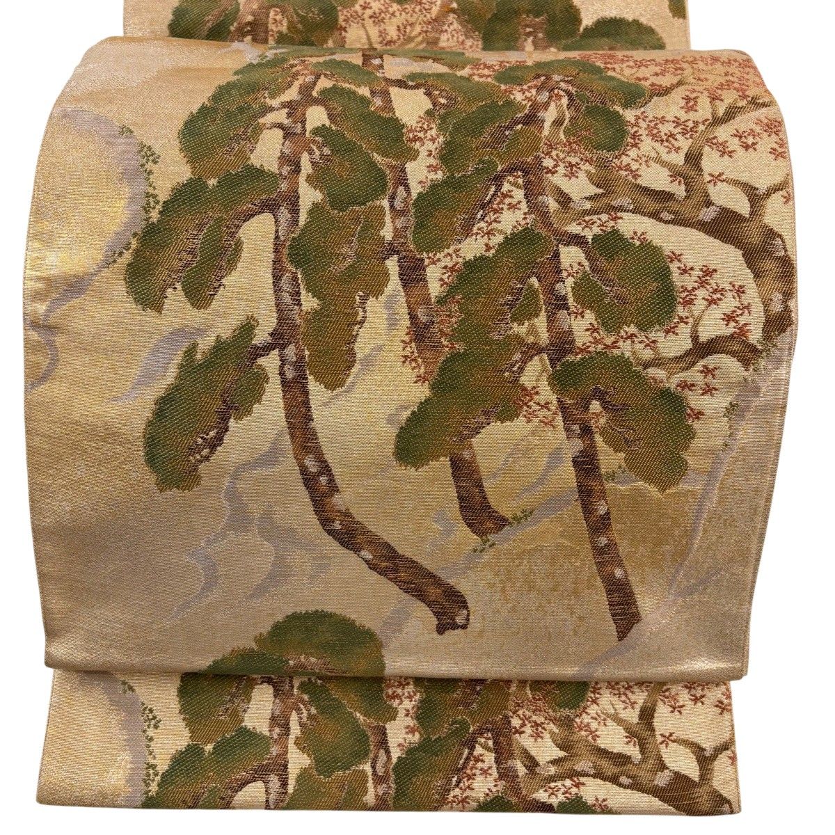 【美品】 袋帯 名品 じゅらく 落款 横山大観 樹木 箔 金糸 金色 六通 正絹 【中古】