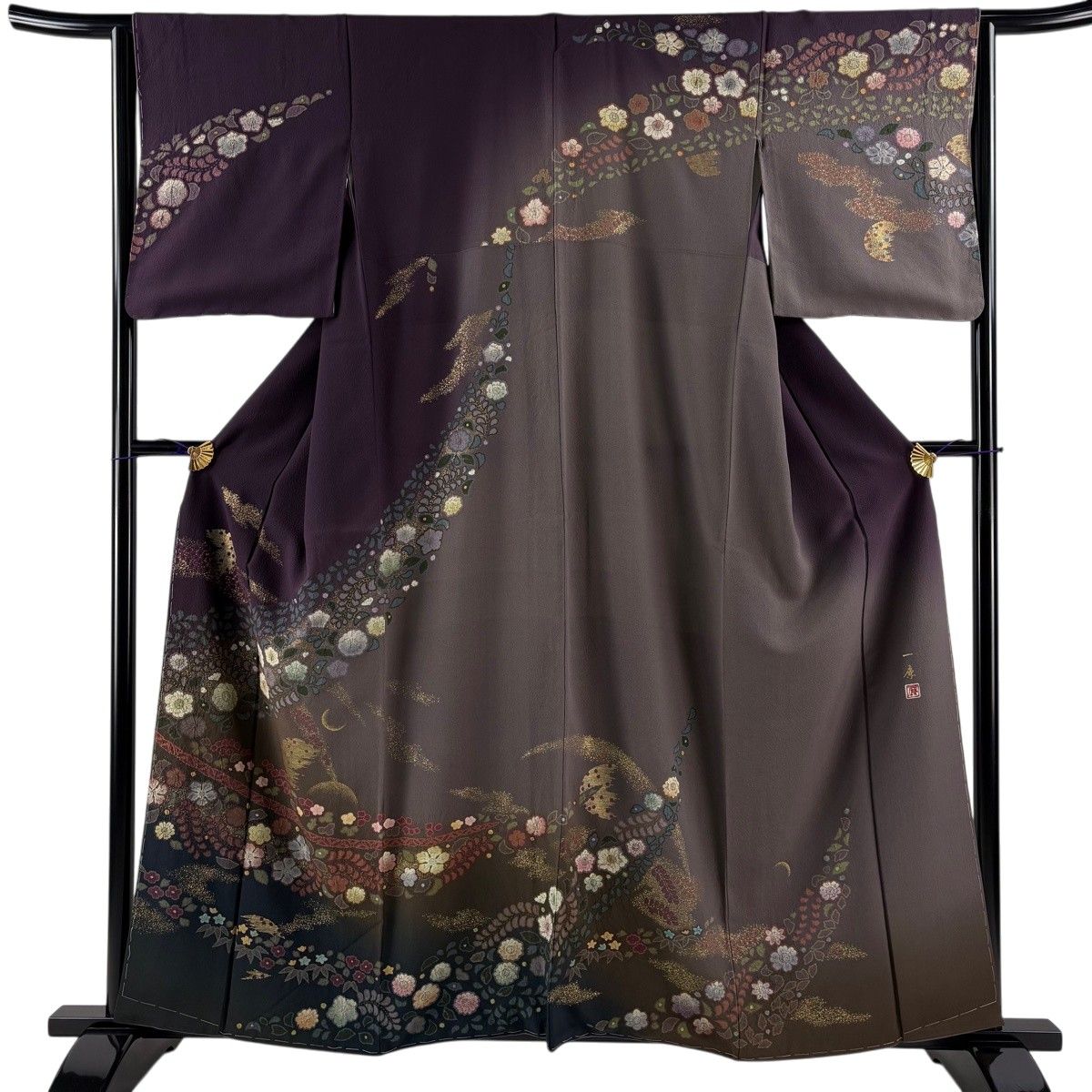 訪問着 身丈159.5cm 裄丈65.5cm M 袷 吉乃一廉 落款 辻が花 草花 金彩 ぼかし 濃紫 正絹 逸品 【中古】