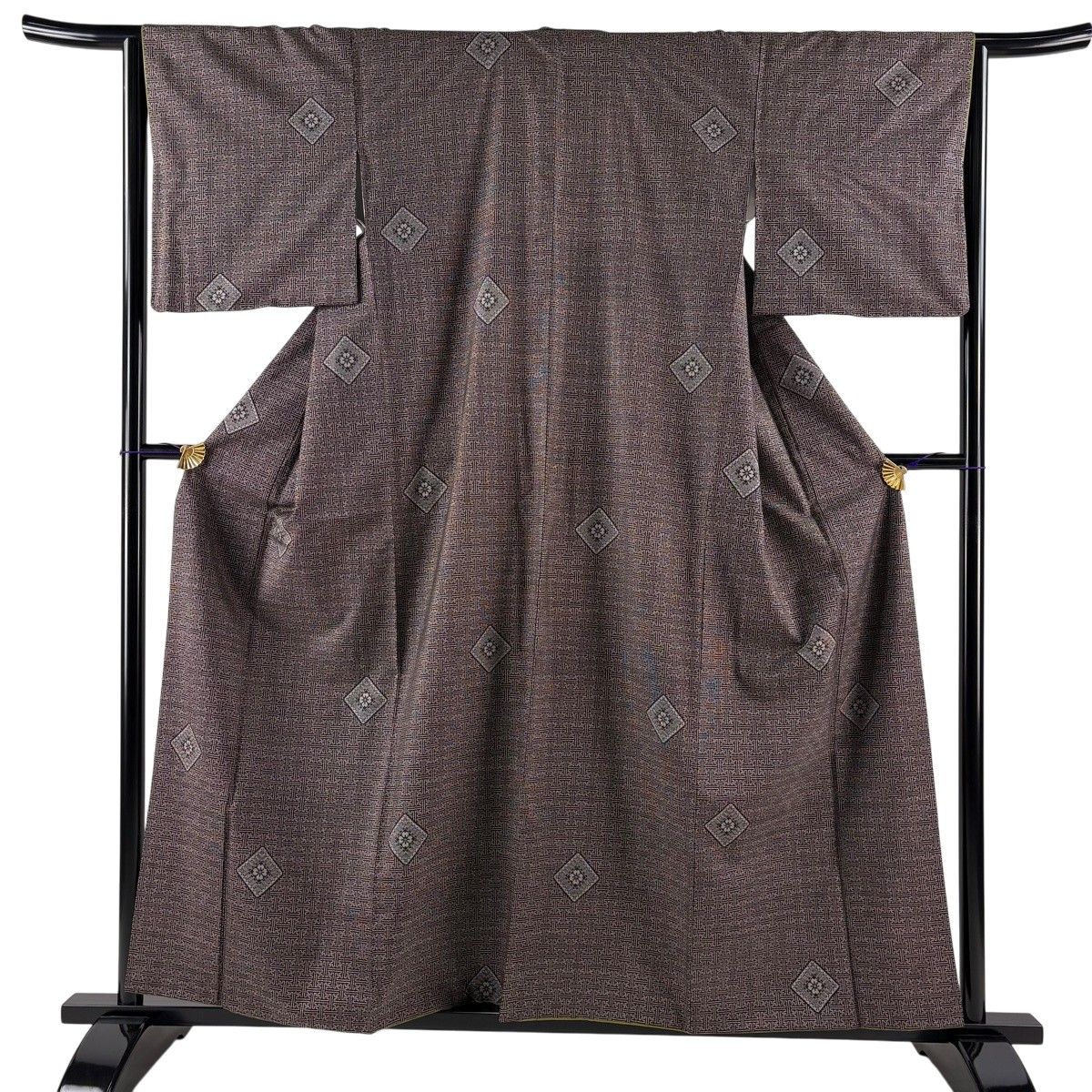 美品】 大島紬 身丈158cm 裄丈65.5cm M 袷 純泥染 証紙 菱 紗綾形 焦