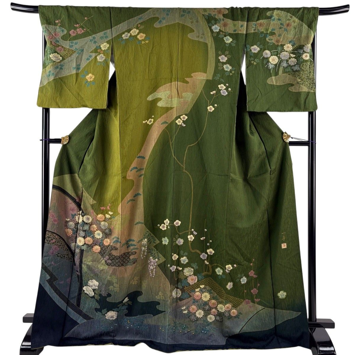 【美品】 訪問着 身丈170cm 裄丈68.5cm L 袷 吉乃一廉 落款 辻が花 流水 金彩 染め分け 鶯色 正絹 逸品 【中古】