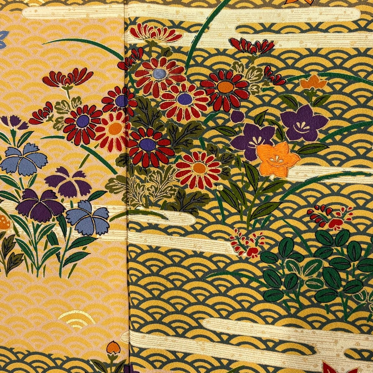 訪問着 身丈161.5cm 裄丈64.5cm M 袷 花井幸子 落款 秋草 青海波 刺繍