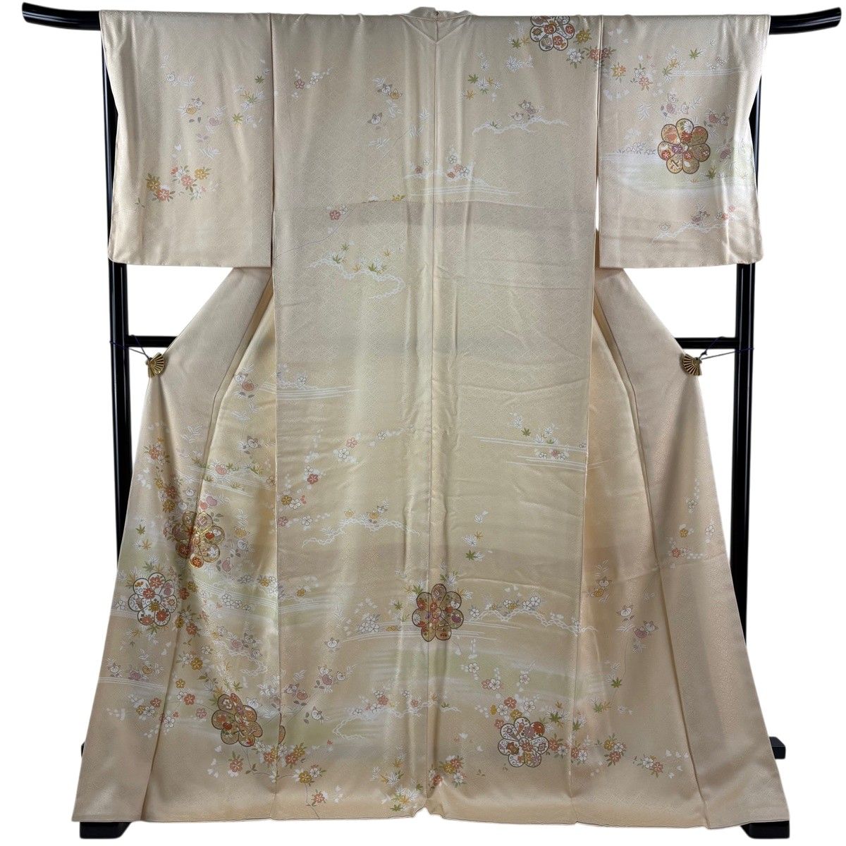 訪問着 身丈172cm 裄丈68cm L 袷 草花 霞 金糸 金彩 ベージュ 正絹 名品 【中古】