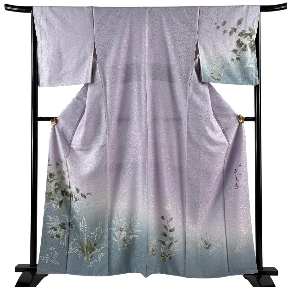 【美品】 付下げ 身丈160cm 裄丈66.5cm M 袷 落款 草花 葉と実 ぼかし 薄紫 正絹 名品 【中古】