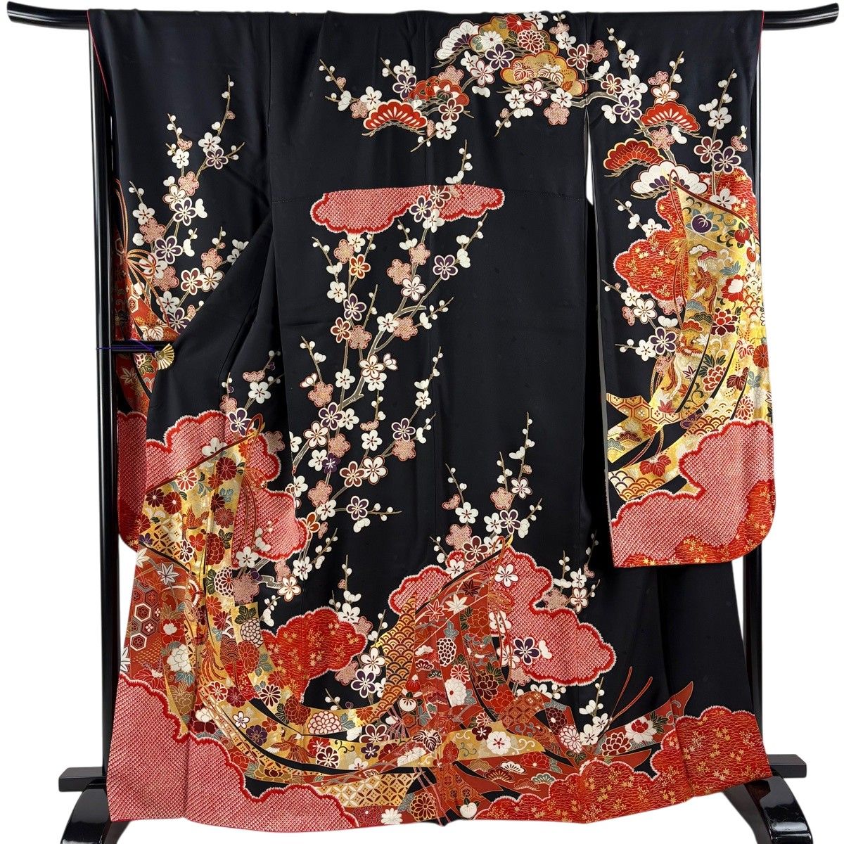 美品】 振袖 身丈165.5cm 裄丈69cm L 袷 几帳 雲文 金彩 黒 正絹 名品